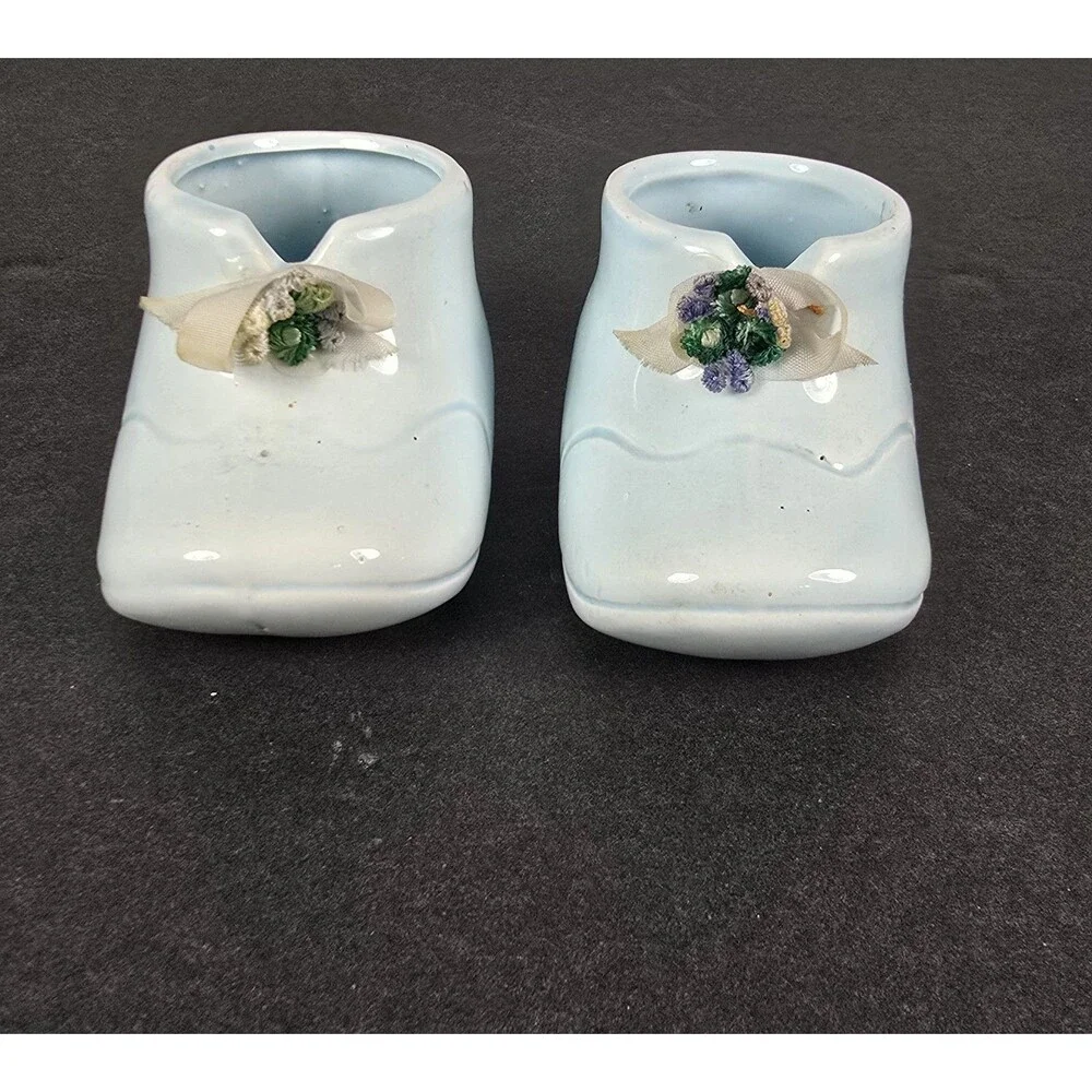 Vintage Blue Ceramic Baby Booties Shoes Mini Figurines with Flowers